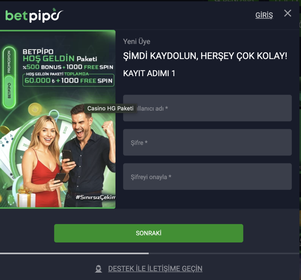 Betpipo kayıt ekranı